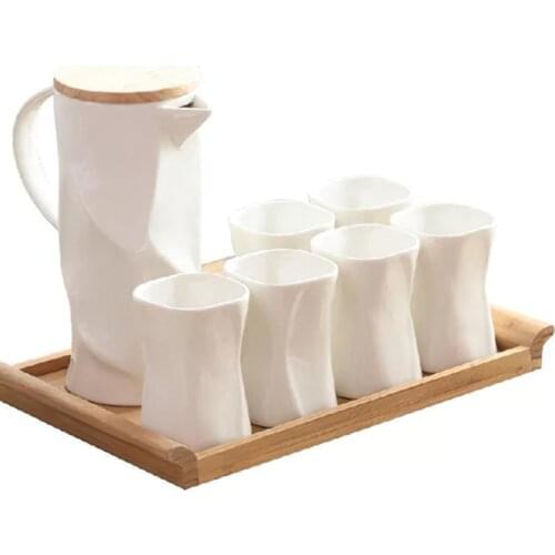 Ceramic Coffee Tea Set Japanese White Creative Geometric Shapes Kettle Cup Tray Water Ware Home Bar Decoration Kitchen Supplies