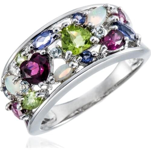 Rhodolite and Peridot and Opal and Iolite and Sky Blue Topaz Rhodium Over Sterling Silver Ring 2.36ctw