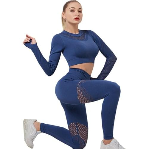 2 Piece Gym Set Women Hollow Out Yoga Set Long Sleeve Top High Waist Tight Leggings Workout Clothes Sport Wear Women Fitness