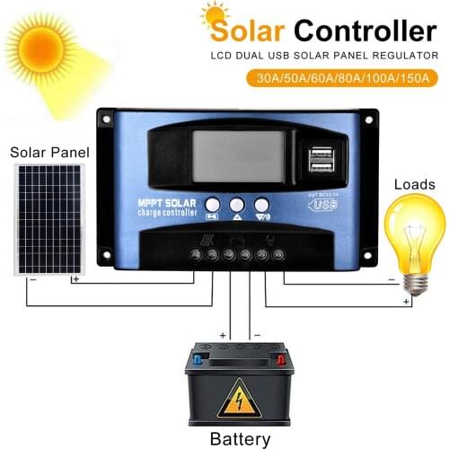MPPT PWM Solar Charge Controller 12V 24V Solar Panel Battery Regulator 2 USB Port LCD Display 30A 50A 60A 80A 100A