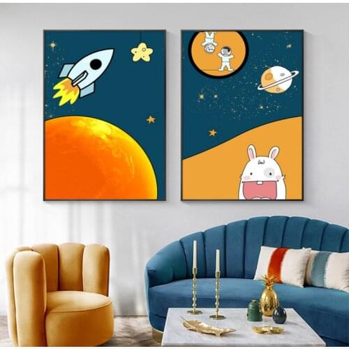 Space Astronaut Planet Rocket Earth Cartoon Nursery Canvas Painting Posters and Prints Wall Pictures Baby Kids Room Decoration