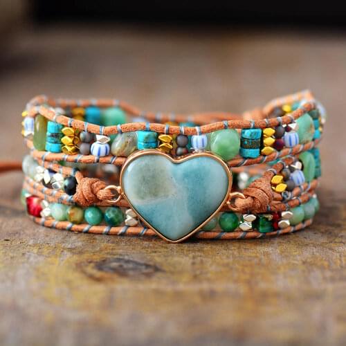 New Spiritual Heart Shape Amazonite Leather Wrap Bracelets W/ Mixe Stone Beads Bracelet Boho Classic Jewelry Bijoux Dropship