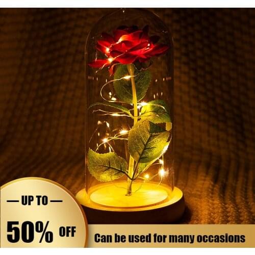 Beauty and Beast Romantic Eternal Light Rose Flower Glass Cover LED Battery Lamp Birthday Valentines Day Mother Gift Decoration