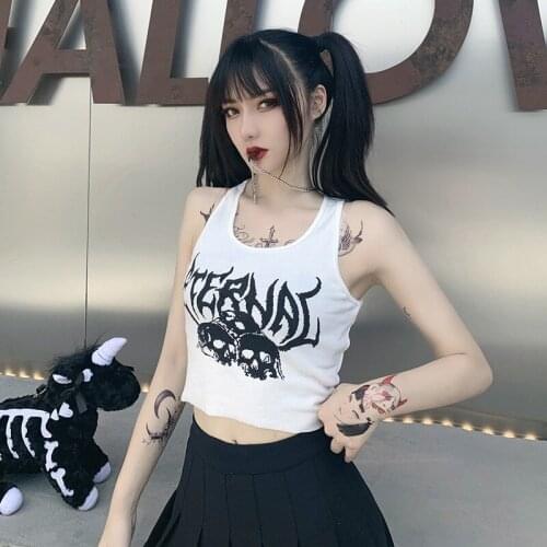 Punk Style Cool Girls Crop Top Women Gothic Bodycon Skull Printing Vest Female Goth O Neck Sleeveless Fashion Streetwear Ladies