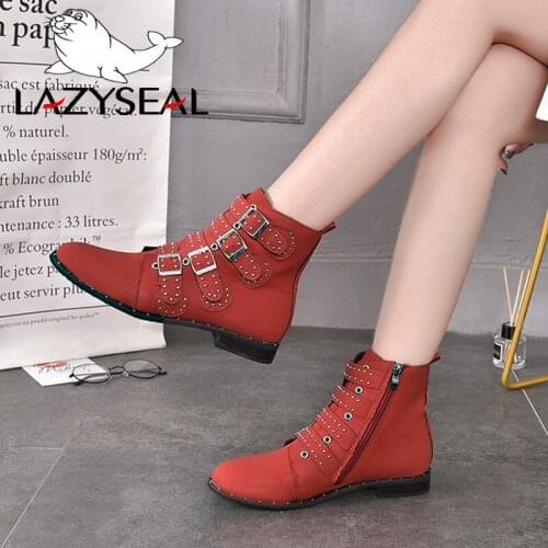 LazySeal Women Shoes Rhinestone Winte Ankler Boots Zipper Rivet Buckle Lace-up Zip Shoes Wood Heel Woman Boots Ladies Shoes