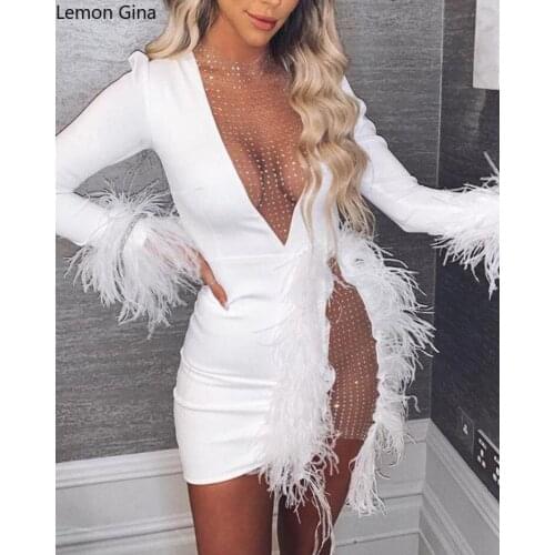 Lemon GinaWomen Winter Mini Dress Full Sleeve Mesh See Through Sexy Night Club Bandage Party Feather Elegant Bodycon Dresses