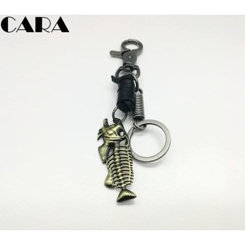 CARA New arrival mens cool Fish Bone key chain charm Antique Bronze hip hop keychains fashion pendant jewelry CARA0186
