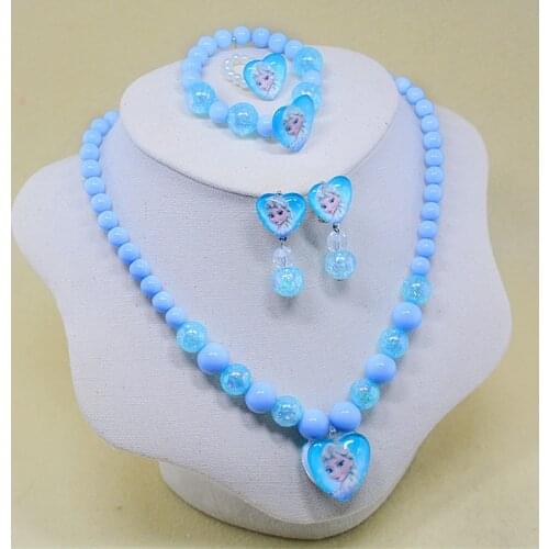 5pcs Disney cartoon Frozen Elsa children necklace+bracelet+ring+clip earring doll accessories girl birthday gift cosmetic chain