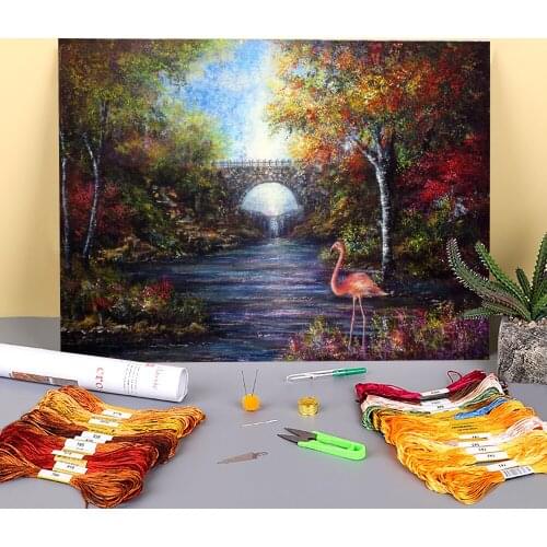 Natural Scenery Pretty Flamingo Printed Canvas 11CT Cross Stitch Full Kit Embroidery DMC Threads Handicraft Mulina