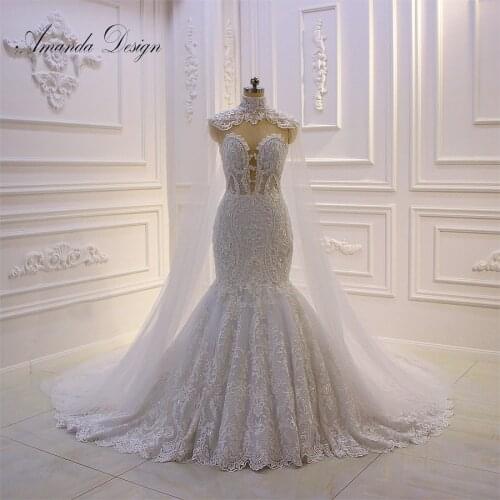 Amanda Design vestidos novias boda Cap Sleeve Lace Appliques Mermaid Wedding Dress With Cape