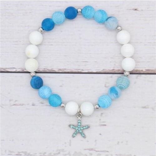 Poshfeel Ocean Style Crystal Starfish Bracelet for Women 8mm Blue and White Stone Beads Bracelets & Bangles Pulseira MBR180223
