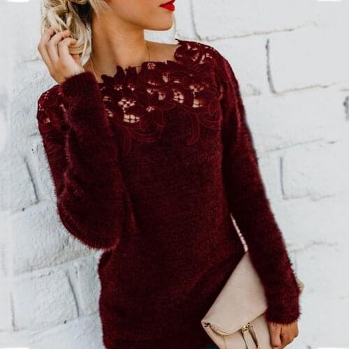 Women Solid Color Long Sleeve O Neck Floral Lace Patchwork Pullover Sweater Casual Sweaters For Women Autumn Winter