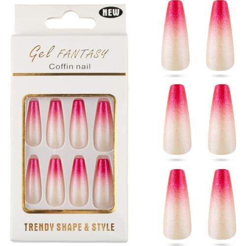 24pcs Detachable Coffin Fake Nails Color Changing Glitter Ballerina Full Cover Nail Art Supplies Set Artificial False Decoration