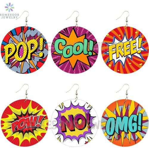 SOMESOOR OMG WOW FREE Bubble Comics Pop Wooden Drop Earrings Boths Sides Printed Cartoons Designs Loops Jewelry For Women Gifts