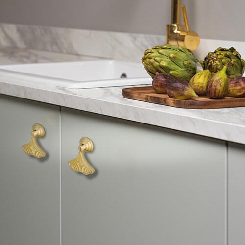 Solid Brass Cabinet Pulls Handles Ginkgo Leaf Shape Knobs for Drawer Dresser Home Decor Gold Pull Handle Furniture Hardware