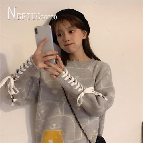 Kawaii Cartoon Animal Knitting Winter Women Sweater Bandage Female Sweaters
