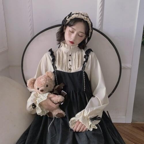 Lolita Retro Long-Sleeved Shirt Top Strap Full Body Dress Two Piece Suit Womens gothic lolita dress women kawaii clothing loli