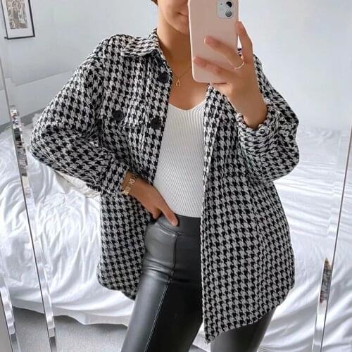 Foridol knitted tweed black houndstooth coat jackets women button casual streetstyle plaid blend windbreaker autumn winter 2020