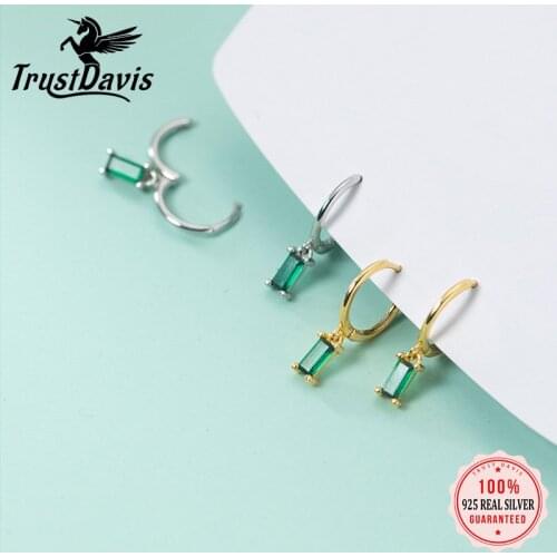 TrustDavis Fashion Real 925 Sterling Silver Sweet Green Rectangle CZ Hoop Earrings For Womens Wedding Party Fine Jewelry DB1230