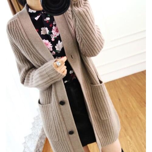 Womens sweater coat 2021 new mid-length loose loose knit top v-neck solid color sweater outer wear knitted cardigan outer wear