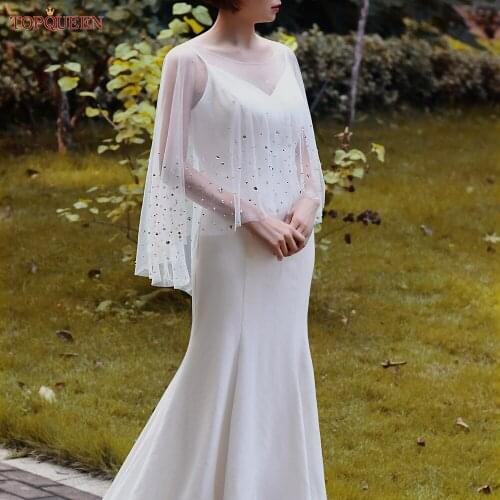 TOPQUEEN G43 Wedding Crystal Cape Bridal Shawl Bolero Jacket Woman Bolero Top Sparking Veil High Quality Softly Draped Top