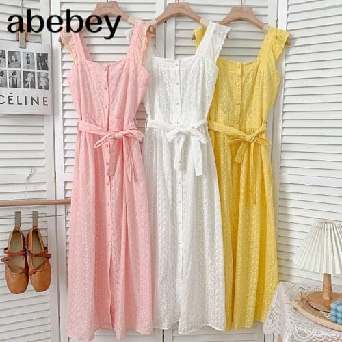 Fashion Square collar sleeveless off shoulder Dress high waist lace up embroidery single breasted strap Dress 2021 New Summer