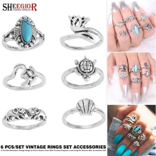 6Pcs/set Bohemian Vintage Rings Set Retro Alloy Shell Tortoise Elephant Lotus Flower Ring Sets Women Accessories Friendship Gift