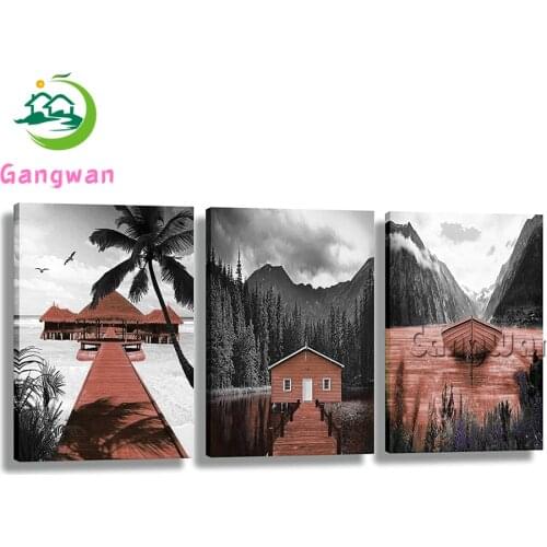 Diamond Painting Full Square Round 3 pcs Landscape Lake 5d Diamond Embroidery red Black Boat Picture Triptych living room decor