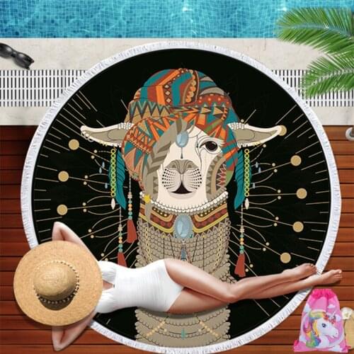 Alpaca Print Animal Round Beach Towel Tassels Microfiber Beach Towels For Living Room Home Decorative Drawstring Backpack Bag