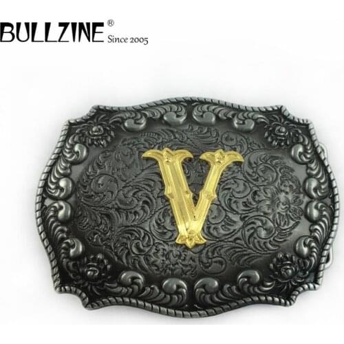 Bullzine zinc alloy letter V belt buckle pewter and gold finish FP-03687-V Western cowboy jeans gift belt buckle drop shipping