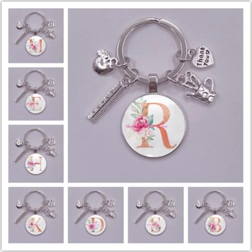Charm pen holder Teachers Day gift keychain, convex flower glass round A-Z pendant keychain Thank you teacher for the light