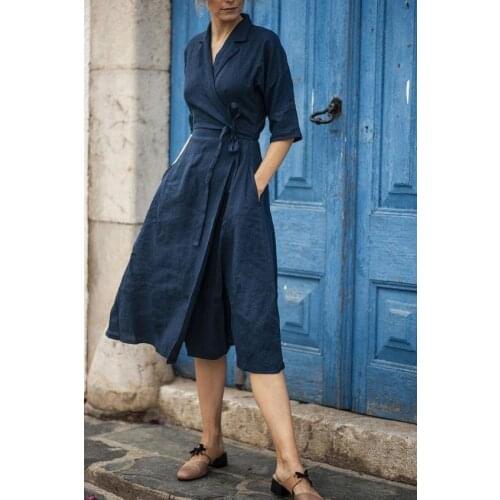 Robe lin femme Summer pocket 1/2 sleeve turn-down collar split wrap midi dress 2021 vestido ajustado lino yellow,navy blue