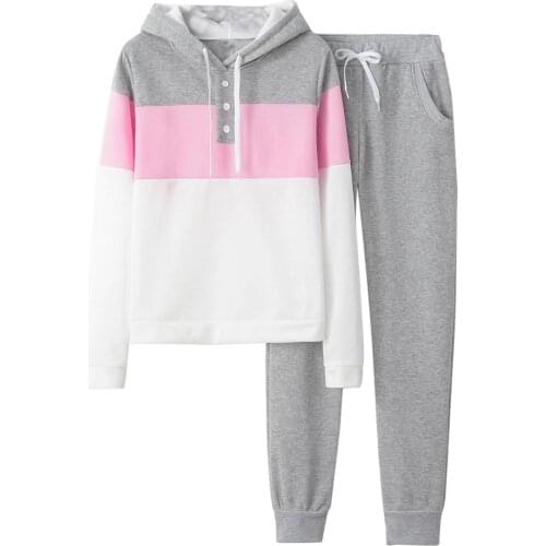 Womens Tracksuit Hooded Long-sleeved Sportwear Two-piece Set Fleece Splicing Long Pants Suit Ropa De Mujer