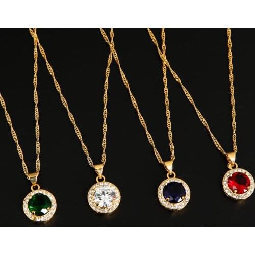 Ethiopian Fashion Charms Red Blue Green Crystal Zircon 24K Gold Color Pendant Necklace Trendy Jewelry