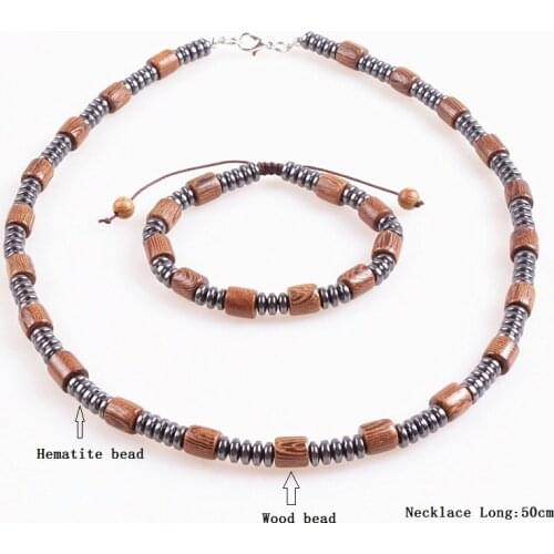 New Design Black Mens Hematite & brown wood Beads Necklace Bracelet Fashion Jewelry