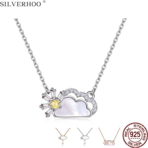 SILVERHOO Sterling Silver 925 Jewelry Cute Clouds Sun & Lightning Pendant Necklace For Women Trendy White Shell Silver Necklaces