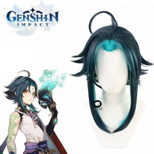Genshin Impact Xiao Cosplay Men 40cm Green Mixed Wig Cosplay Anime Cosplay Wigs Heat Resistant Synthetic Wigs Halloween