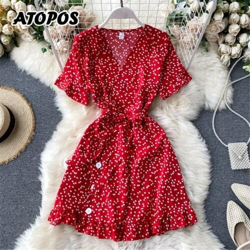 Women Flare Sleeve Summer Dress V-Neck High Waist Bandage Buttons Mini Dresses Love Printed Sweet Woman Sundress Female 2021