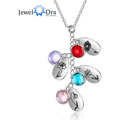 JewelOra New Personalized Birth Flower Pendant Jewelry Customized 1-5 Birthstone Water Drop shaped Necklaces for Women Gifts