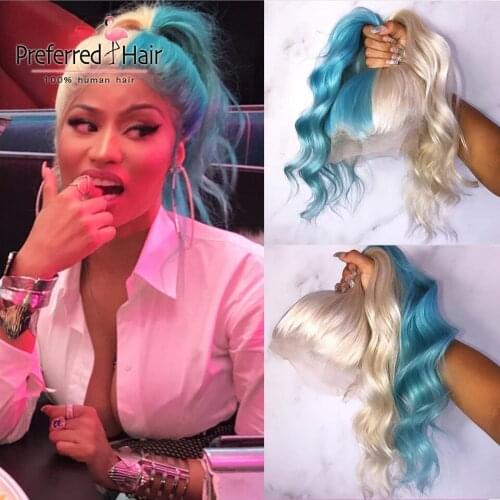 Preferred Transparent Lace Wigs Platinum Blonde Half Pink Half BLue Pre Plucked Remy Lace Front Human Hair Wigs for Women