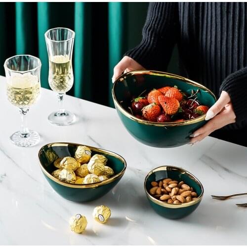 Luxury Green Glaze Ceramic Bowls Ingot Shape Salad Bowl In Gold Inlay Fruit Snack Soup Dessert Noodle Bowl Kitchen Tableware