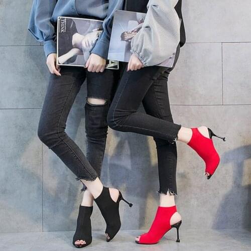 Knitted Elastic Mesh Peep Toe High Heel Sandals Women 2020 Summer Shoes Woman Europe Thin Heels Slip-On Open Toe Female Shoes