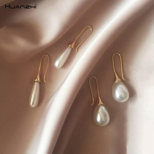 HUANZHI 2019 New Korean Faux Pearl Geometric Waterdrop Oval Retro Ear Hook Drop Earrings for Women Girl Wedding Vacation Jewelry