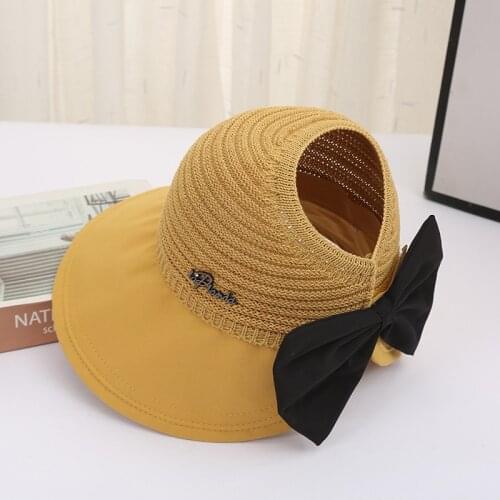 Sun Hat For Woman Knitted Hat Hollow Out Big Eaves Collapsible Sun Hat Female Bow Tie Empty Top Sun Hat
