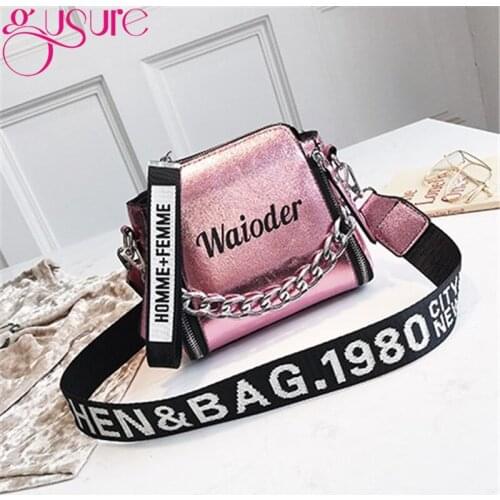 Gusure Ins Style Letter Print Messenger Bag Women Wide Strap Chain Shoulder Bags Zipper Crossbody Bag Teens Girls Purse Chic