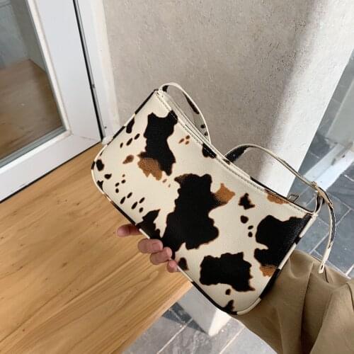 Vintage PU Leather Women Baguette Handbags Cow Pattern Ladies Small Shoulder Bags Fashion Girls Armpit Bag Tote Clutch Purse