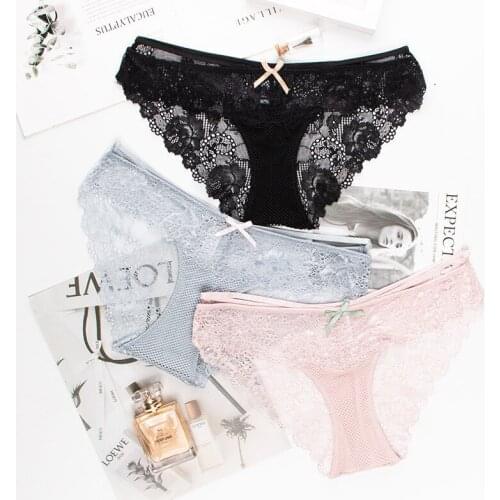 Wasteheart Women Fashion Blue Pink Cotton Lace Trim Bow Low Waist Panties Underwear Lingerie Briefs 3 Piece 3 Color Underpants