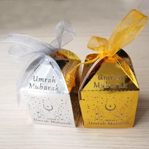 50 Pieces 5*5*8cm Mirror Gold Silver 3omra Moubaraka Umrah Mubarak Omra Moubarek Candy Box For EID Mubarak EID Party Decoration