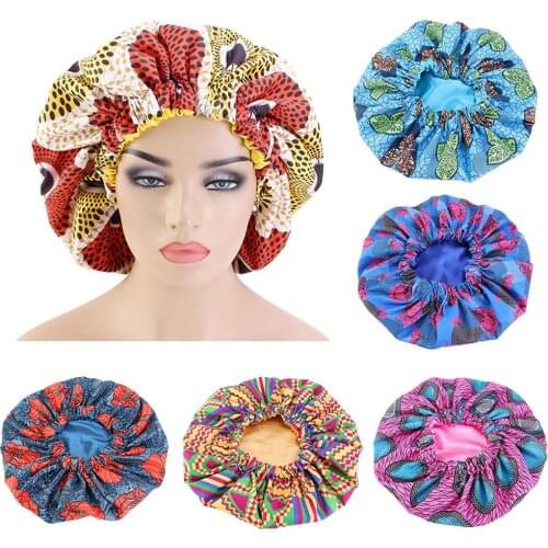 Women African Floral Print Satin Night Sleep Bonnet Hat Hair Care Cap Head Wrap Safety Protection Stop The Flying Spit