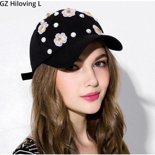 GZHilovingL Ladies Girls Travel Hat Snapback Hats Fashion Summer Autumn Colorful Flower Pearl Cotton Women Black Baseball Cap